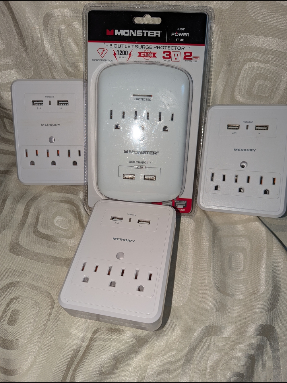 Set Of 4 Monster And Mercury 3-Outlet Surge Protector with USB - White